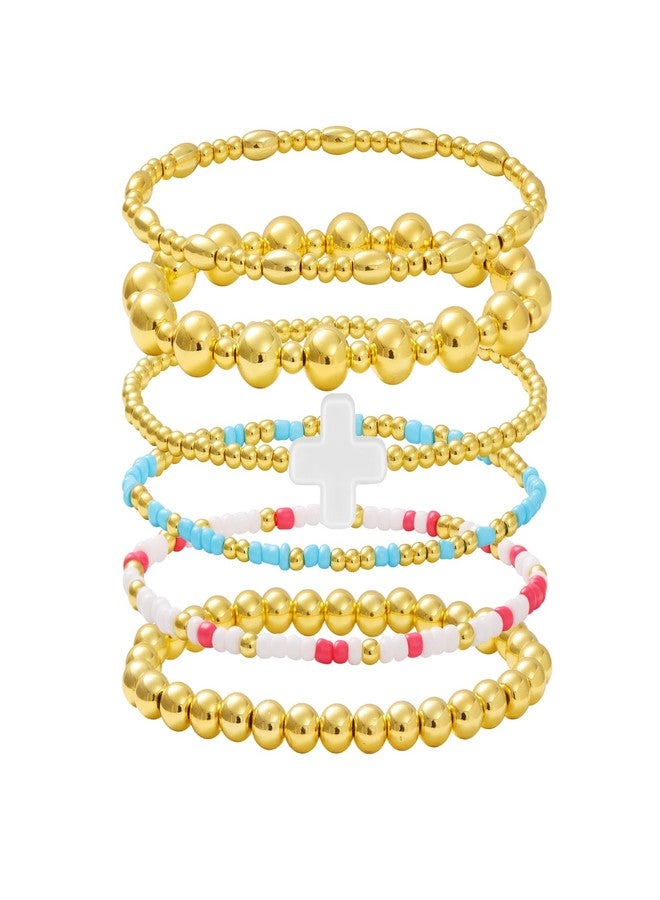 CARITATE Gold Bracelets for Women Waterproof, 14K Gold Plated Beaded Cross Bracelets Set,Boho Stretch Bracelets Stackable Jewelry for Women Teenage Girls Jewelry Christmas Gifts - Image 1